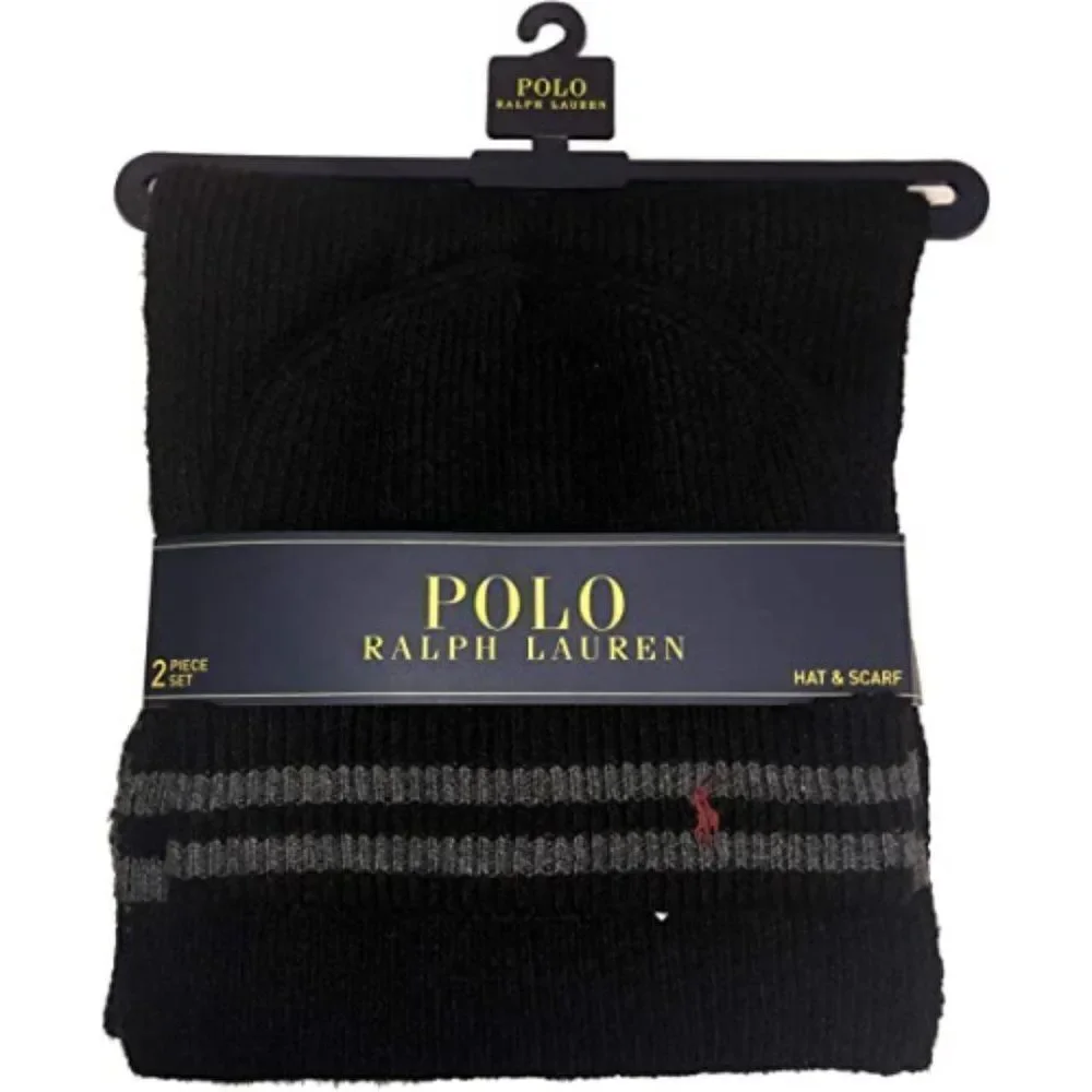Polo Ralph Lauren Men's Black 2 Piece Set Hat & Scarf Lambswool Blend